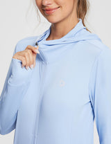 Light blue women's UPF 50+ zip-up hoodie with hood, thumbholes, and subtle logo. #Baleaf Women's Hoodie