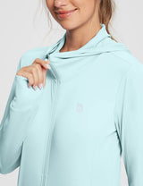 Woman zipping light blue UPF 50+ hooded jacket with logo. Baleaf Women's Lightweight Hoodie.