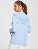 Light blue UPF 50+ women's hooded zip-up jacket with thumbholes. #Baleaf Lightweight Hoodie