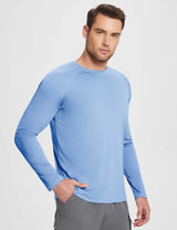 Men's light blue UPF 50+ long-sleeve sun shirt with crew neck and raglan sleeves.