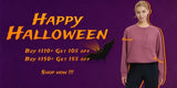 Baleaf Halloween promotional banner with discount offers and a woman wearing a mauve sweatshirt.