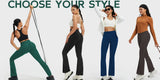 Five women showcasing different styles of high waisted flared pants in various poses against a plain background.
