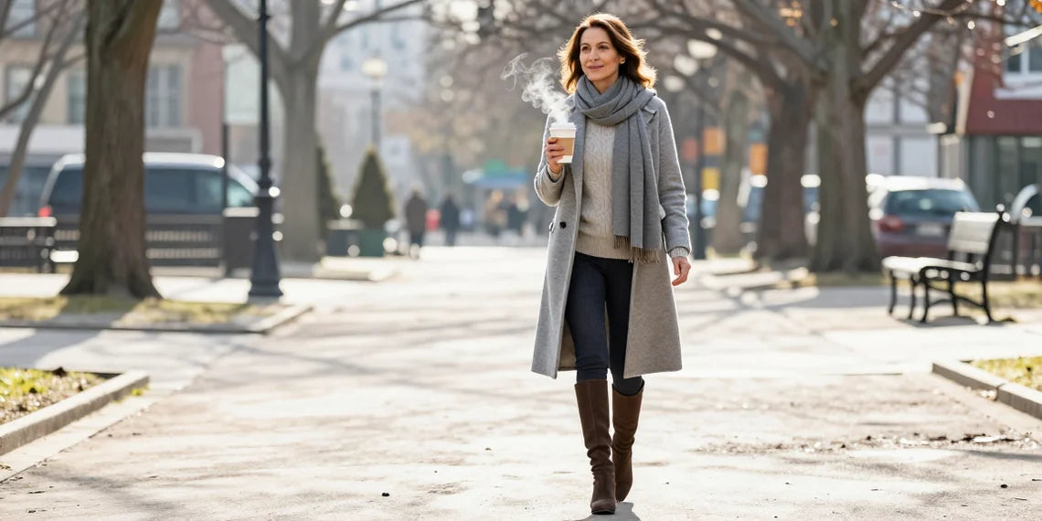Woman wearing a gray coat and scarf walking in a park with coffee