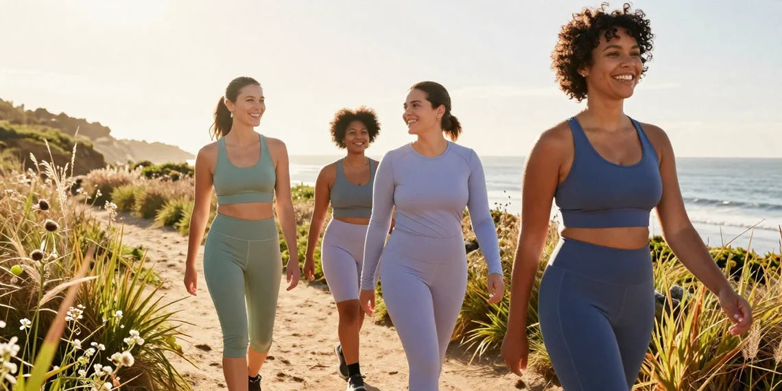 Four women in activewear walking and chatting along a coastal trail at sunrise.