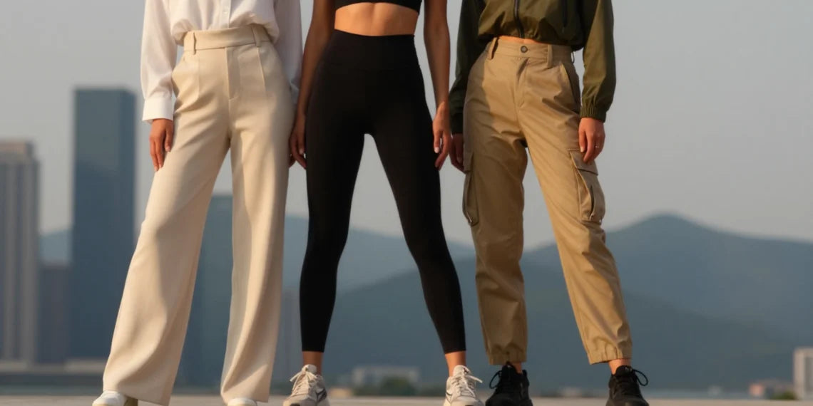 Three women's legs wearing high-waisted leggings of different colors, standing together in an urban setting.