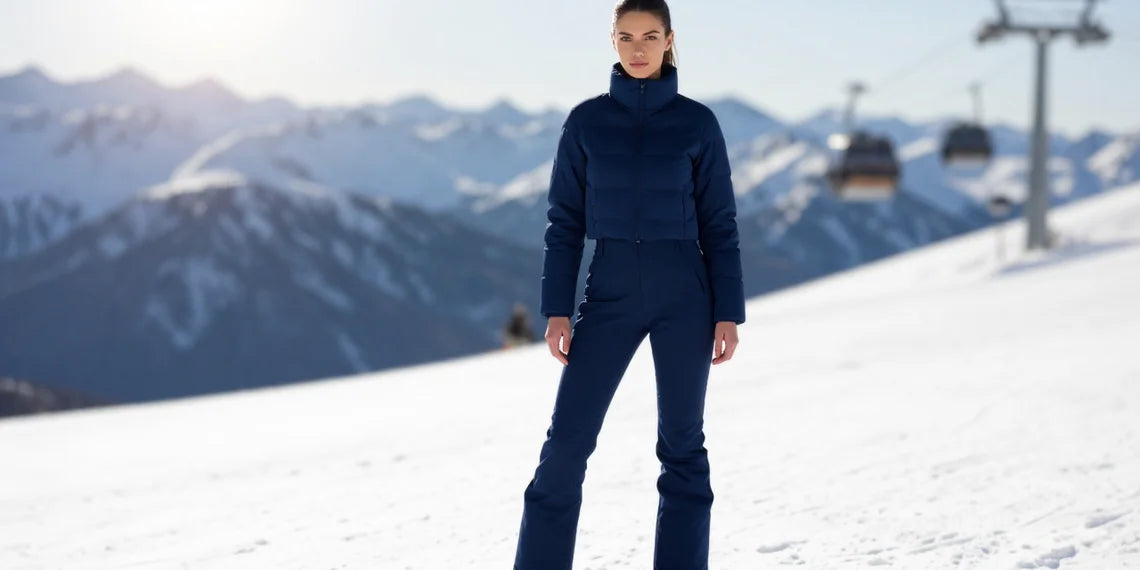 Full body shot of a woman modeling best affordable ski suits under $100 on a sunny slope.