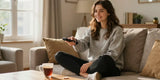 Young woman in joggers on sofa, cozy living room, joggers vs sweatpants