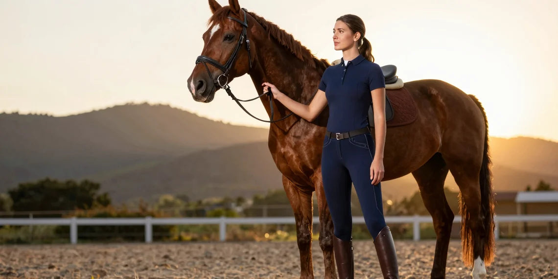 Professional rider wearing riding tights standing with a horse at sunset.