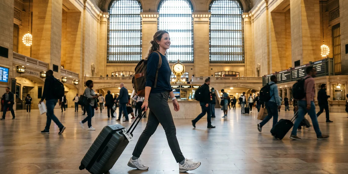 Woman in comfortable travel pants walking through a busy historic American train station