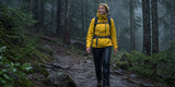 Caucasian woman hiking in forest wearing waterproof jacket and women's rain pants during heavy rain.