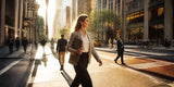 Businesswoman walking through a city street at golden hour