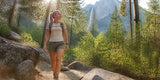 Woman hiking forest trail with mountain waterfall view