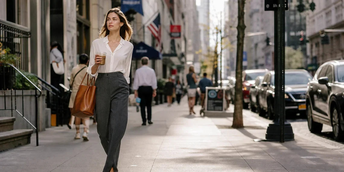 Woman in gray dress pants walking through a city with coffee and tote bag