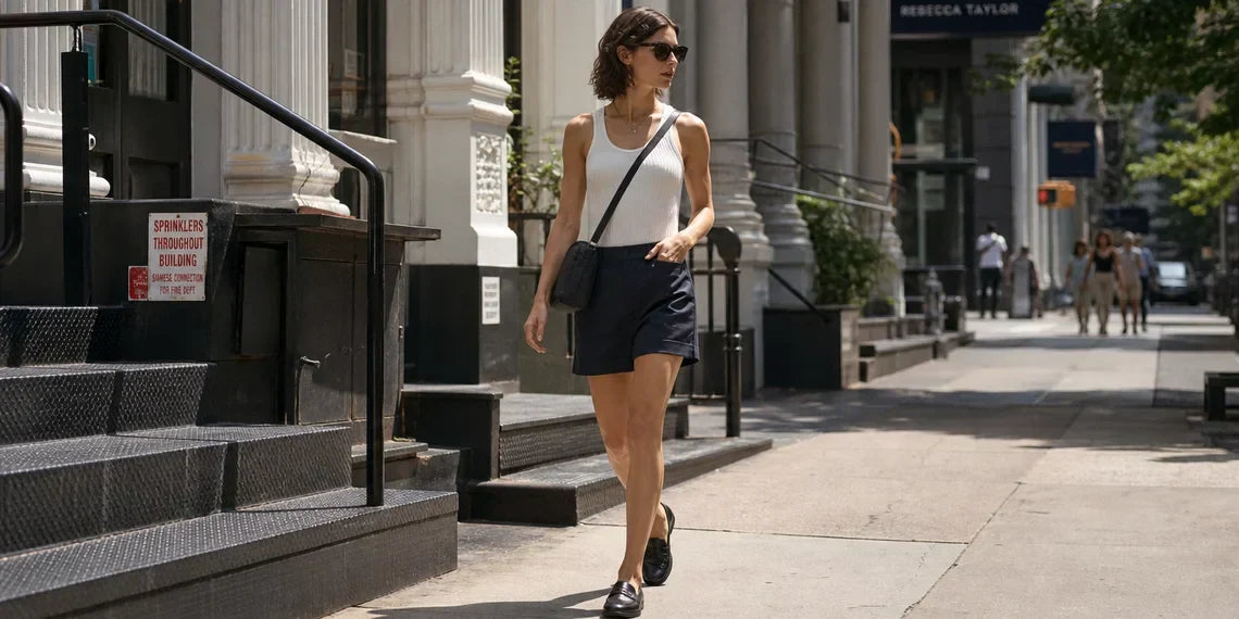Woman wearing navy cargo shorts and a white tank top on a city sidewalk