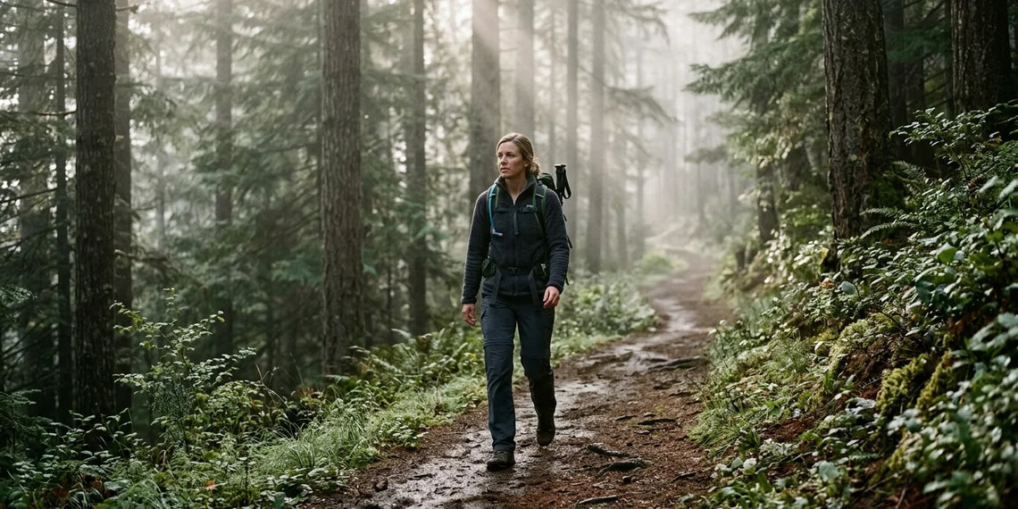 Woman with a backpack walking on a muddy forest trail