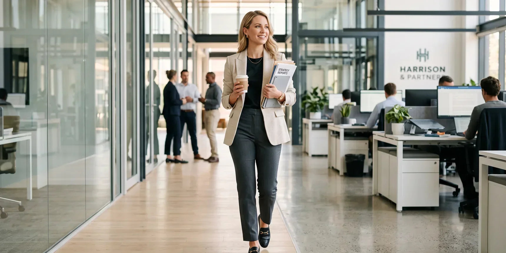 Businesswoman walking in modern office wearing Baleaf dark grey straight-leg commuter yoga pants with blazer
