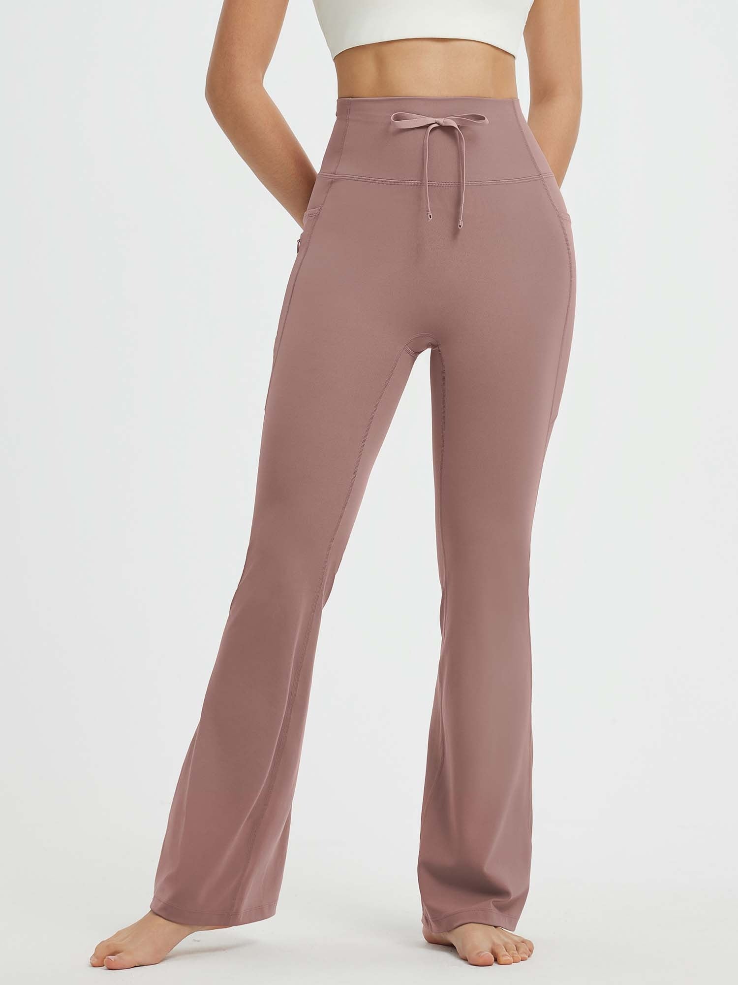 Dusty rose drawstring high-waist flare yoga pants #Color_Brown