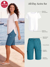 Model wearing All-Day Active Set: white UPF50+ shirt, teal quick-dry shorts by sea.