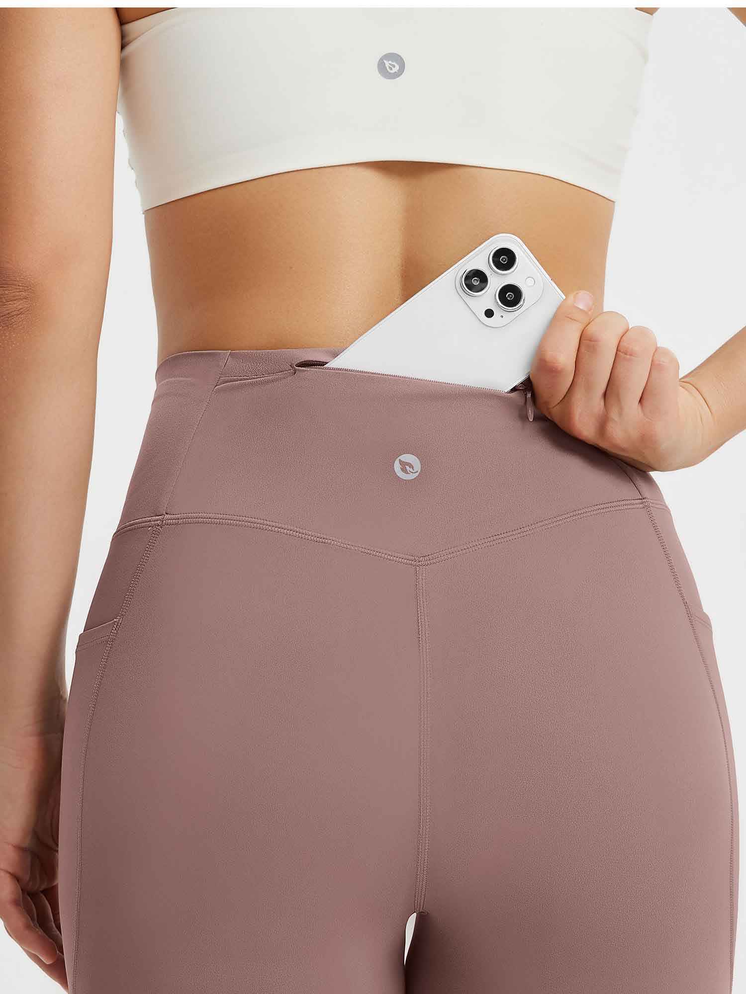 All-Season high-waist flare yoga pants with zippered back pocket for phone storage #Color_Brown