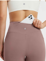 All-Season high-waist flare yoga pants with zippered back pocket for phone storage #Color_Brown