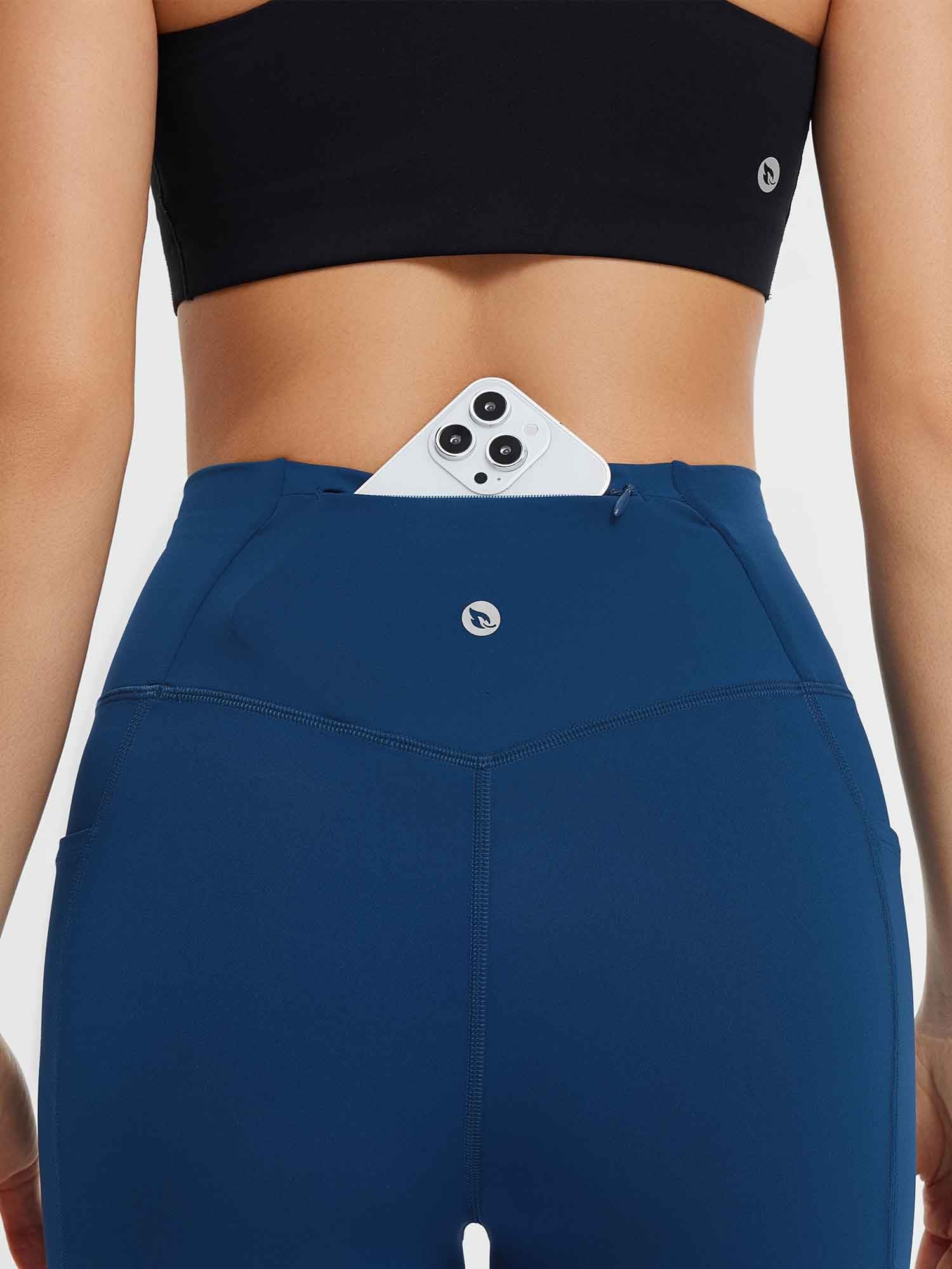 Navy blue high-waist yoga pants with drawstring and phone in back pocket #Color_Navy Blue