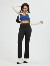 Women's black fleece boot-cut pants with high-waist and straight leg. #color_Black