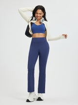 Women's blue fleece boot-cut straight-leg running pants, high waist. #color_Navy Blue