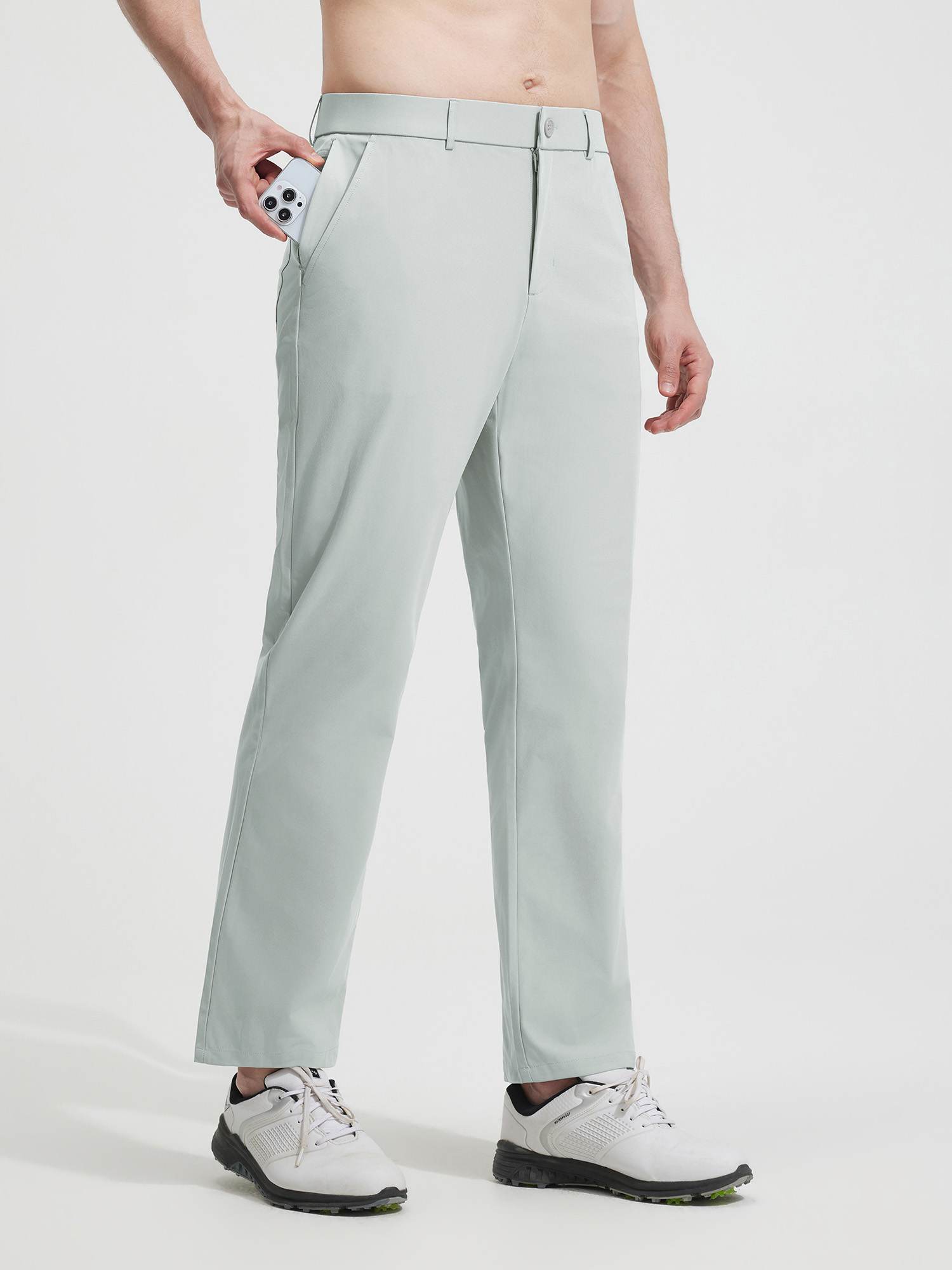 Baleaf men's light mint UPF 50+ golf pants (30'') showing phone in discreet pocket. #color_Light Gray