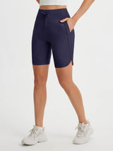 Baleaf women's navy 9" high-rise UPF 50+ stretchy athletic shorts with drawstring and side pockets. #color_Navy