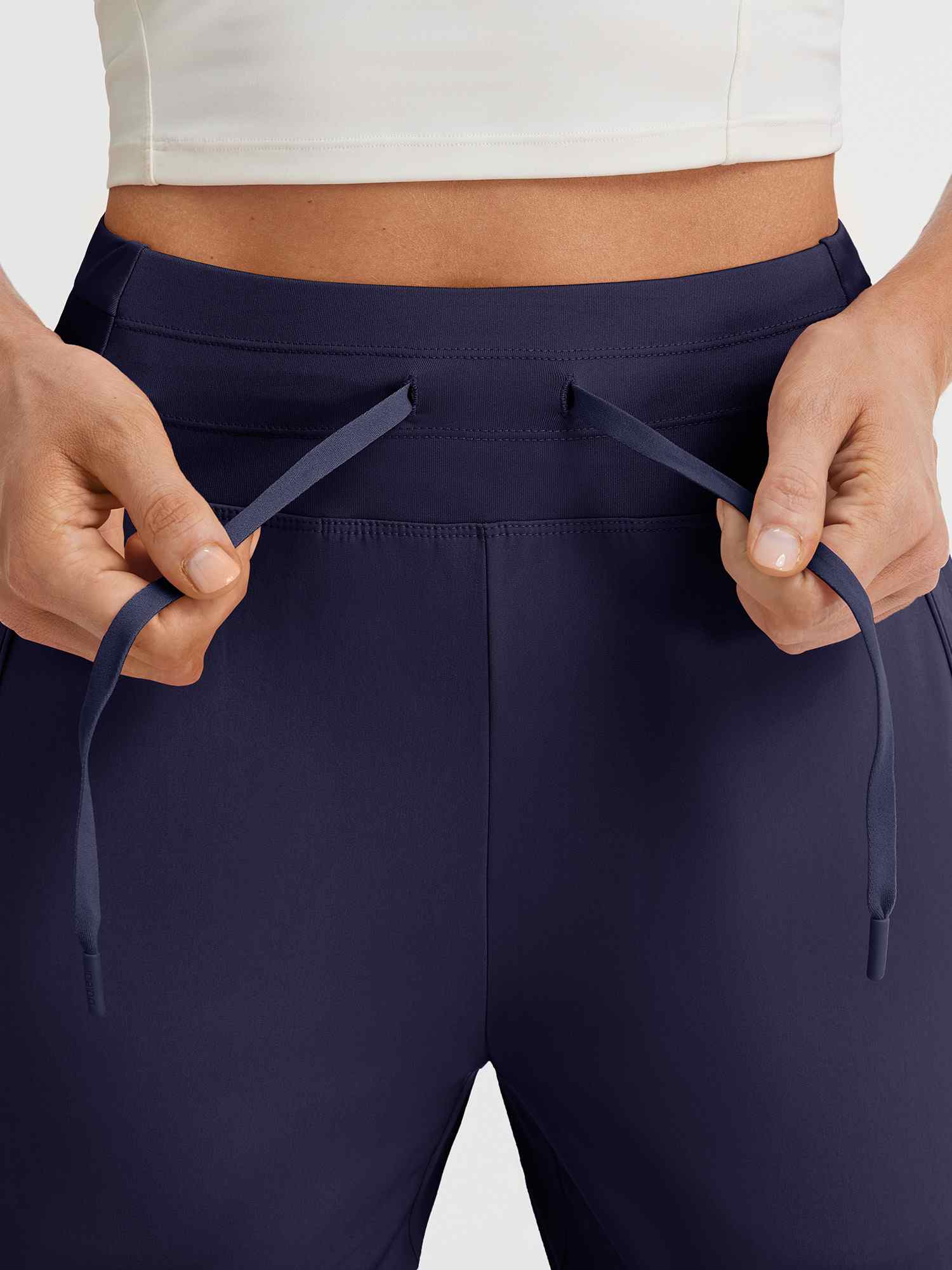 Navy Baleaf 9" stretchy high-rise shorts waistband with drawstring #color_Navy