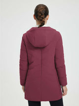 Women's burgundy mid-length quilted puffer jacket with hood, back view. #Color_Wine Red