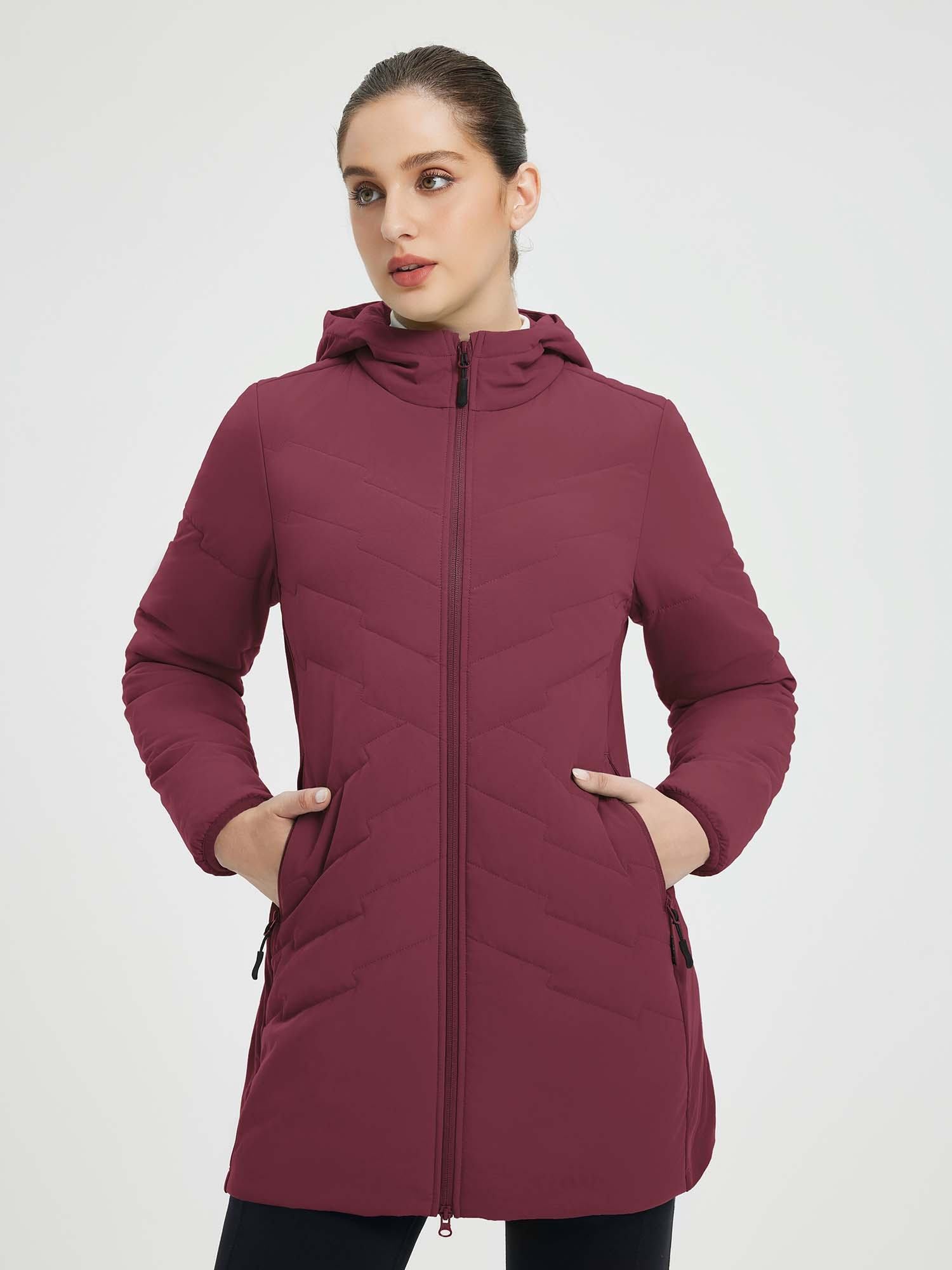 Burgundy women's mid-length puffer jacket with chevron quilting and zippered pockets. #Color_Wine Red