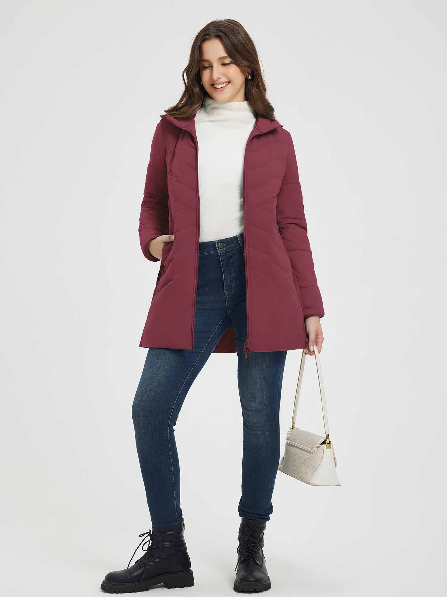 Women's burgundy quilted mid-length puffer jacket, warm, water-resistant, with turtleneck and jeans. #Color_Wine Red