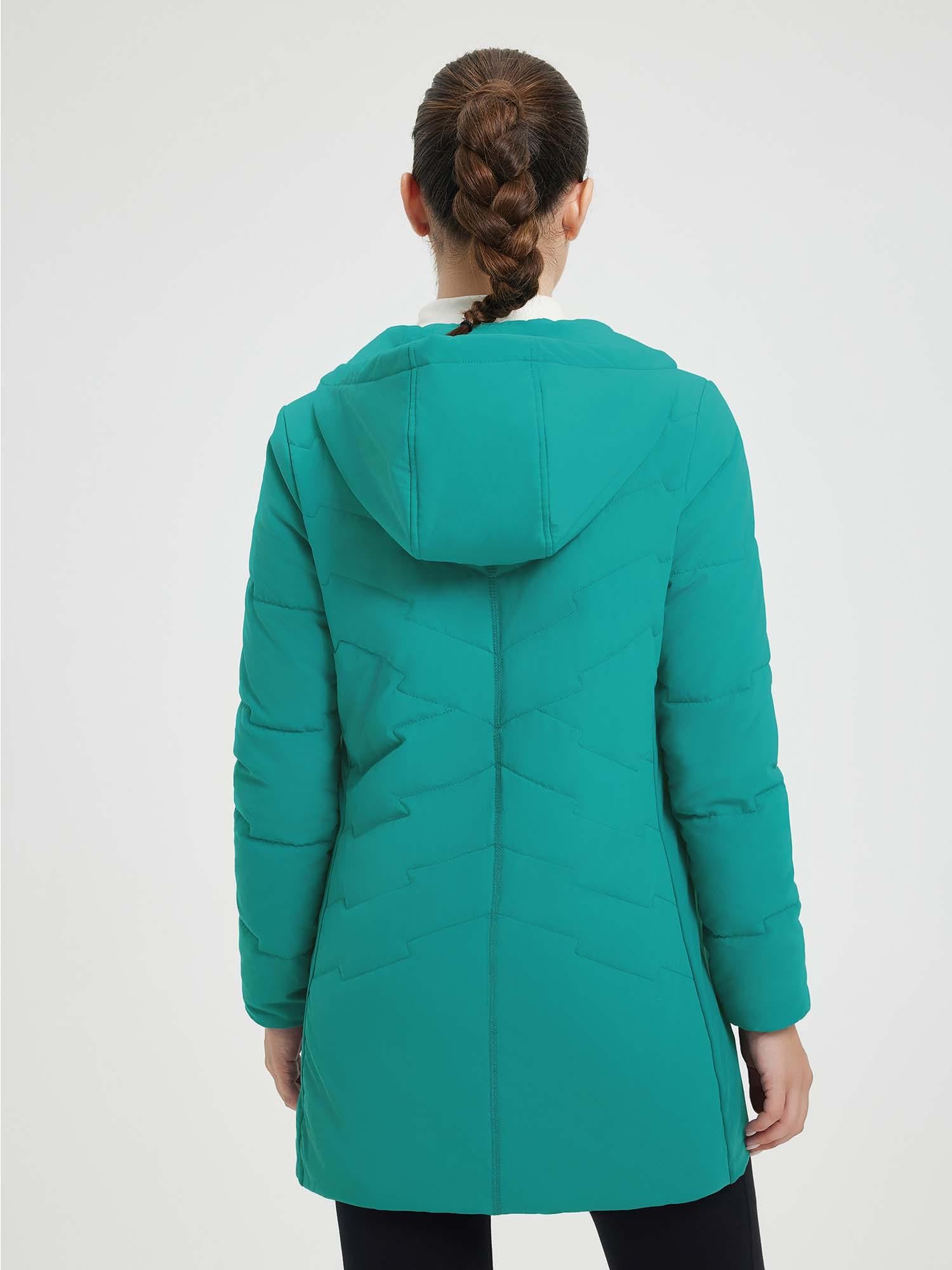 Women's teal mid-length puffer jacket with hood, back view, quilted design. #Color_Green