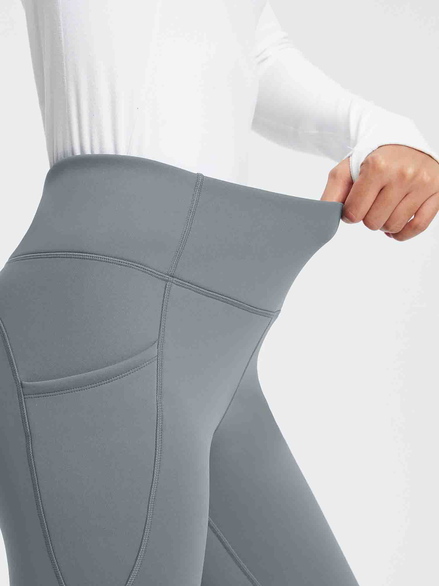 Thermal fleece high-waist yoga leggings in grey with tummy control & pockets #color_Dark Gray
