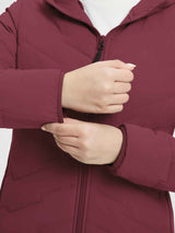 Burgundy women's mid-length quilted puffer jacket sleeve cuff detail. #Color_Wine Red