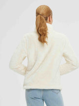 Women's cream Arctic fleece 1/4 zip pullover, back view. #Color_White