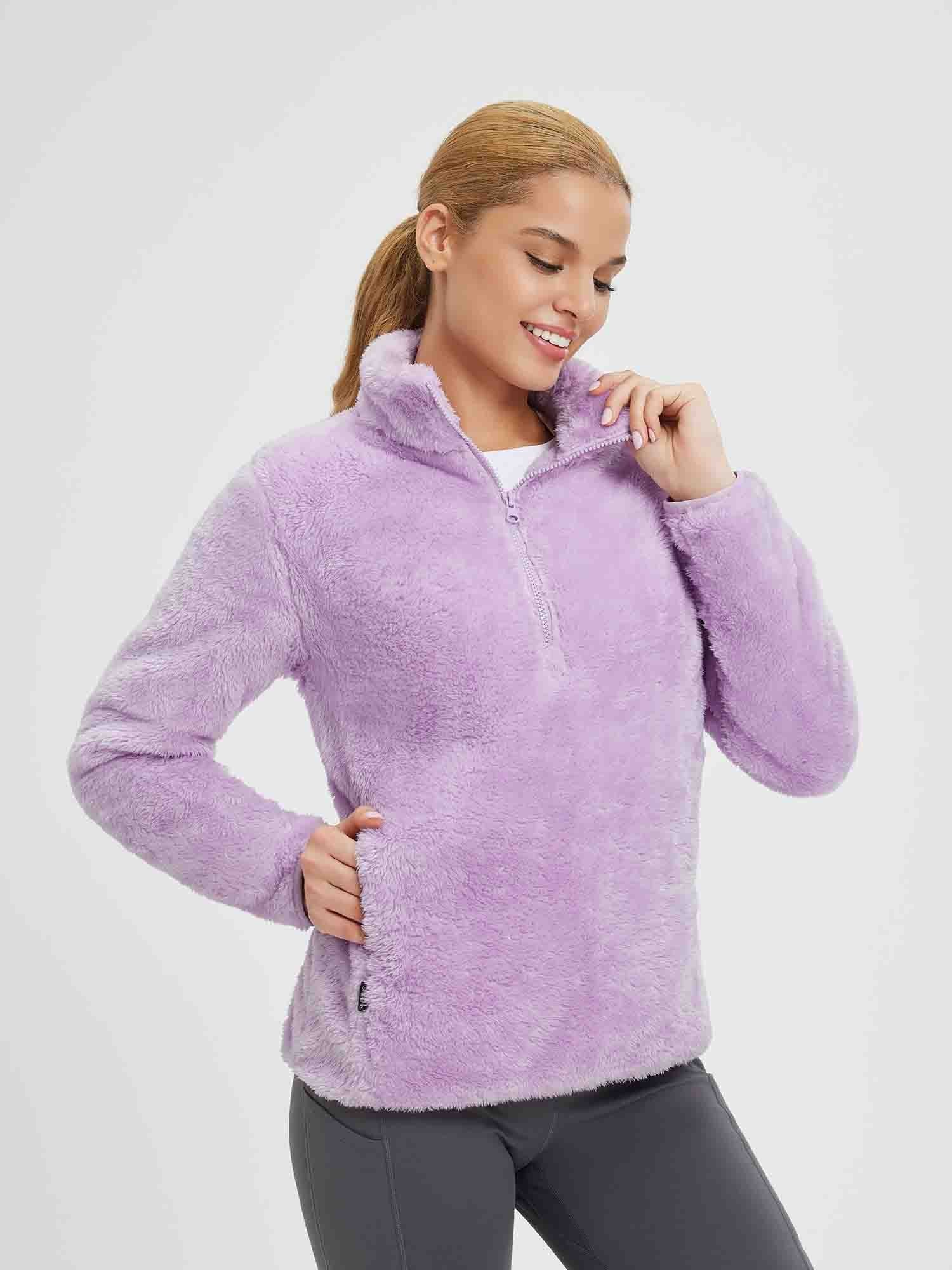 Women's lavender Arctic fleece 1/4 zip pullover with warm zipper pockets #Color_Light Purple
