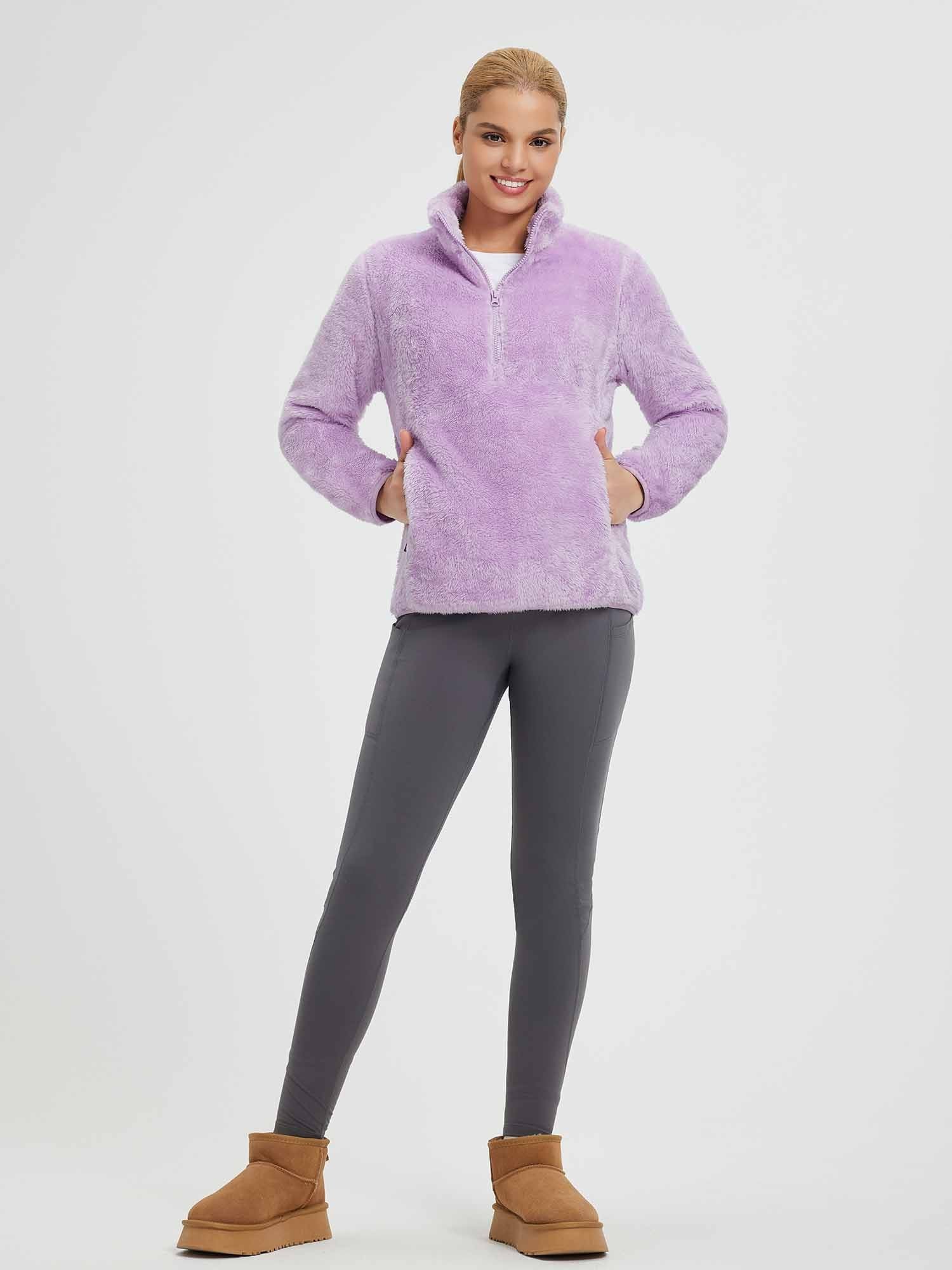 Women's lilac Arctic Fleece 1/4 zip pullover, super soft fleece, high neck, zipper pockets.