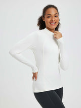 White fleece running long-sleeve half-turtleneck t-shirt with mock neck & thumb loops. #Color_Lucent White