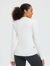 Slim-fit white fleece running long-sleeve mock neck t-shirt from back. #Color_Lucent White