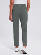 Women's gray fleece-lined tapered jogger pants with four pockets and a white logo on the ankle. #color_Dark Gray