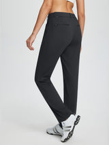 Women's black fleece-lined straight-leg golf pants with elastic waist and zippered back pockets. #color_Black
