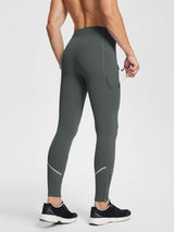 Men's grey fleece lined winter running tights with side phone pocket, reflective ankle stripe, and zippers. #color_Dark Gray
