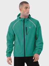 Men's green waterproof cycling rain jacket with reflective details, hood, and zippered pockets. #color_Green