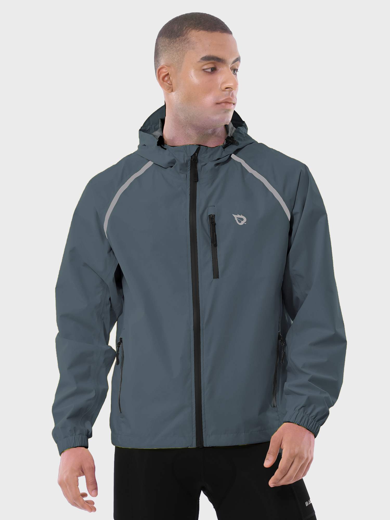 Men's UPF 50+ waterproof cycling rain jacket in dark grey with reflective stripes and hood.