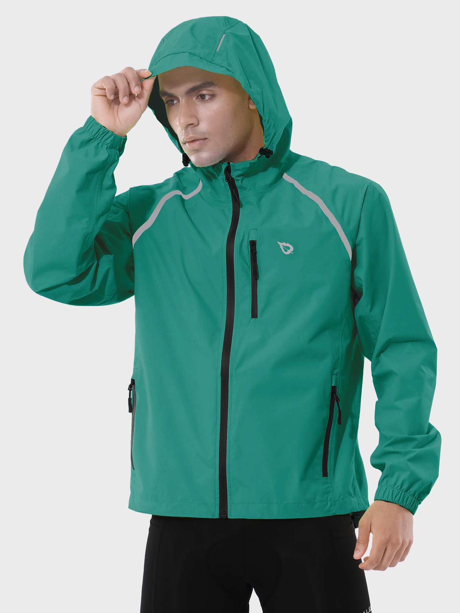 Men's teal UPF 50+ waterproof cycling rain jacket with hood and reflective accents. #color_Green