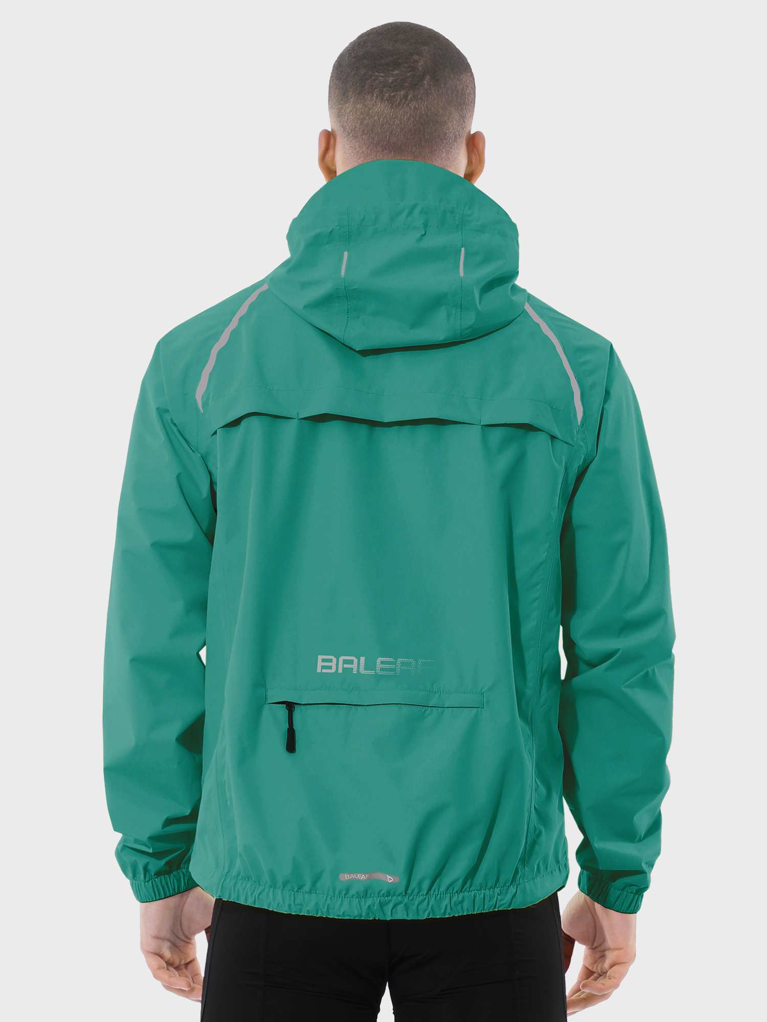 Men's teal BALEAF waterproof cycling rain jacket back view with reflective stripes and zip pocket #color_Green