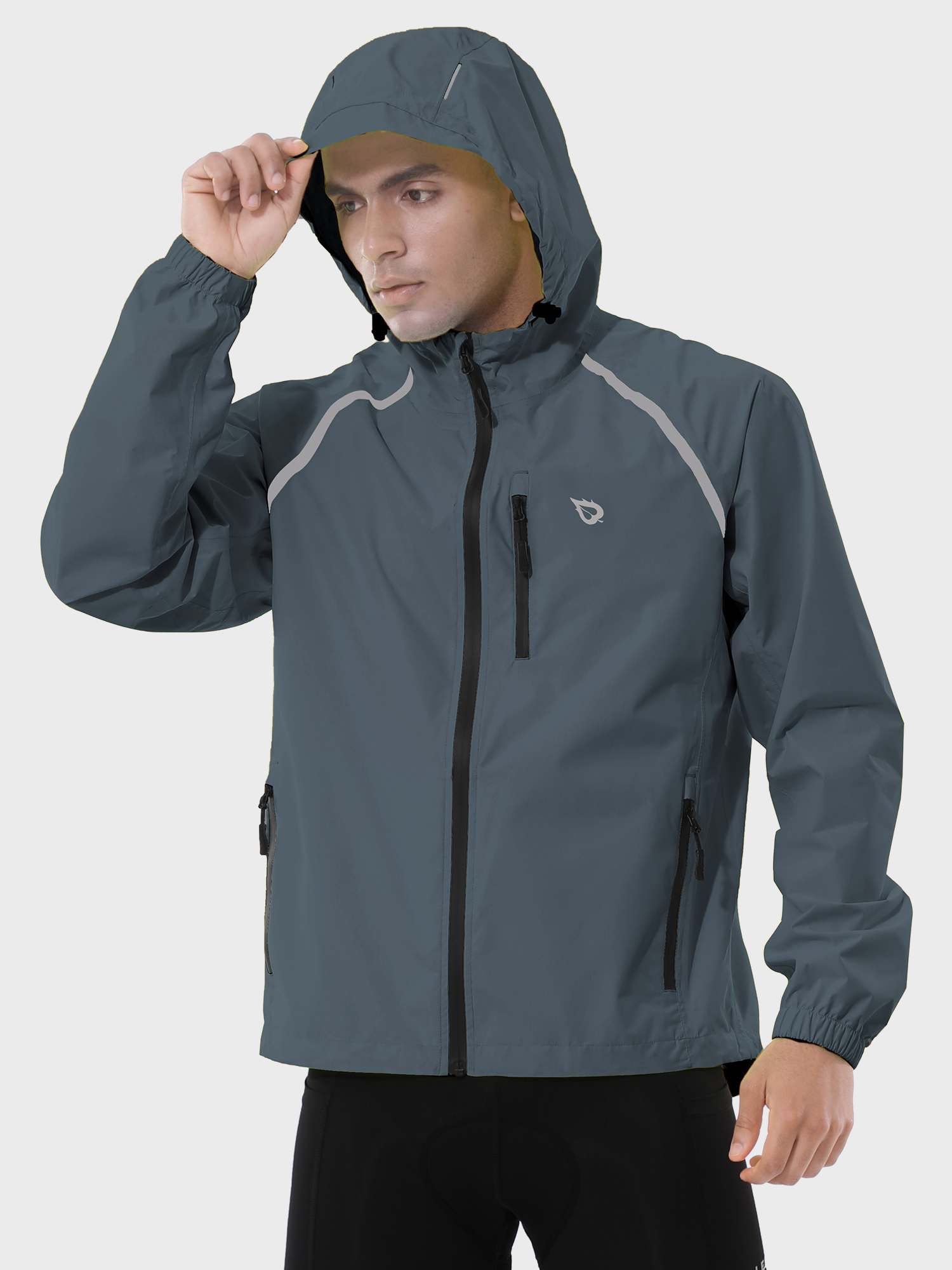 Men's waterproof cycling rain jacket in slate grey with reflective safety details. #color_Dark Gray