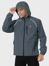 Men's waterproof cycling rain jacket in slate grey with reflective safety details. #color_Dark Gray